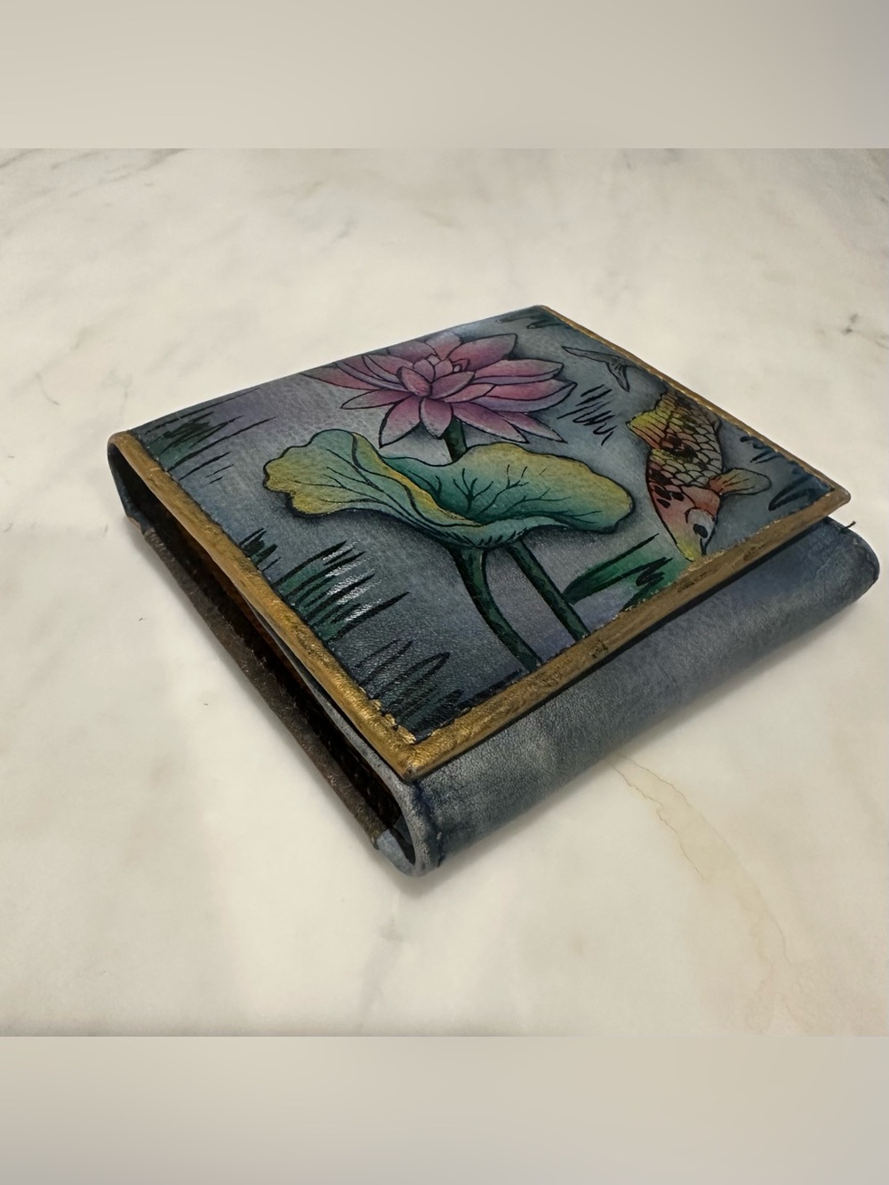 Anuschka Hand Painted Genuine Leather Small Bifold Wallet Blue Green Patina